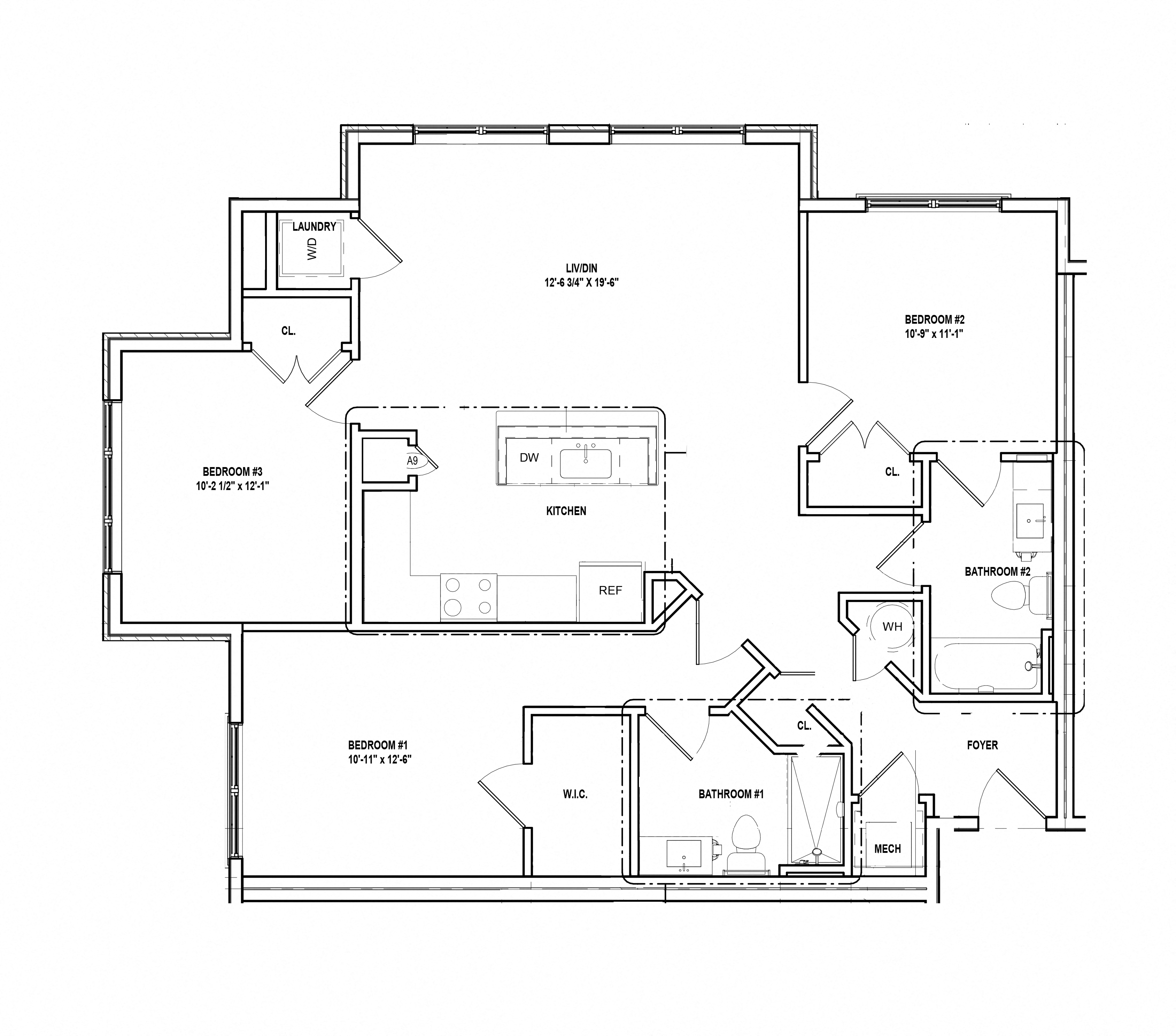 Floor plan for 3 beds, 2 baths, 1236 sqft